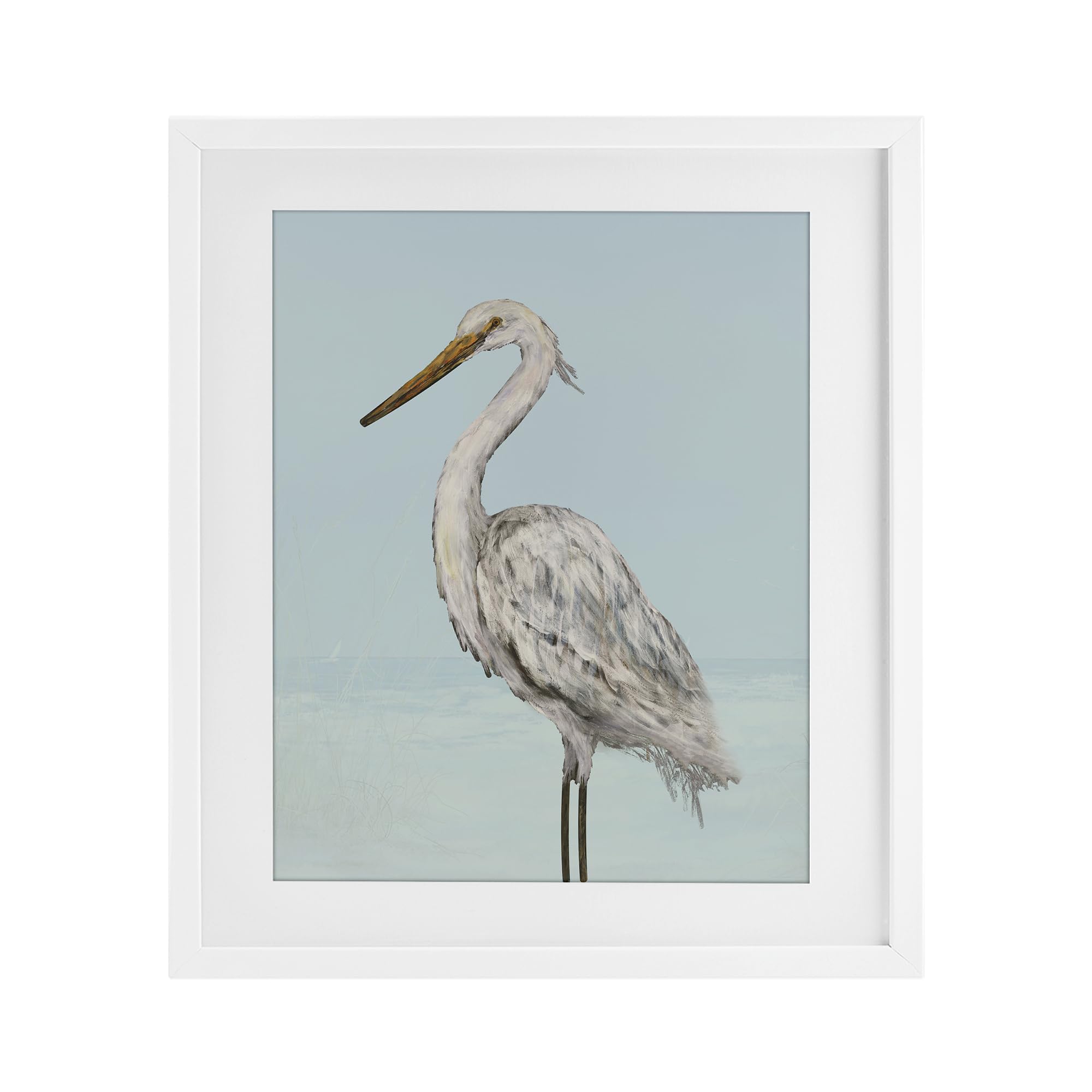 Stupell Industries 'Coastal Heron Muted Blue', Framed Print Under Glass, White, 17 x 21 Inches, Easy to Hang and Sturdy, Made in USA, by Julie DeRice