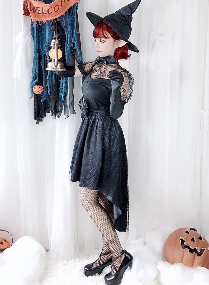 [TYYRBMG] ハロウィン コスプレ デビル 悪魔 小悪魔 魔女 魔法使い コスチューム 3点セット 【セット内容】ワンピース+手袋+帽子 衣装 ハロウィンセット ペア魔女 キャラクター 仮装 ブラック 女性 可愛いレース CXH451