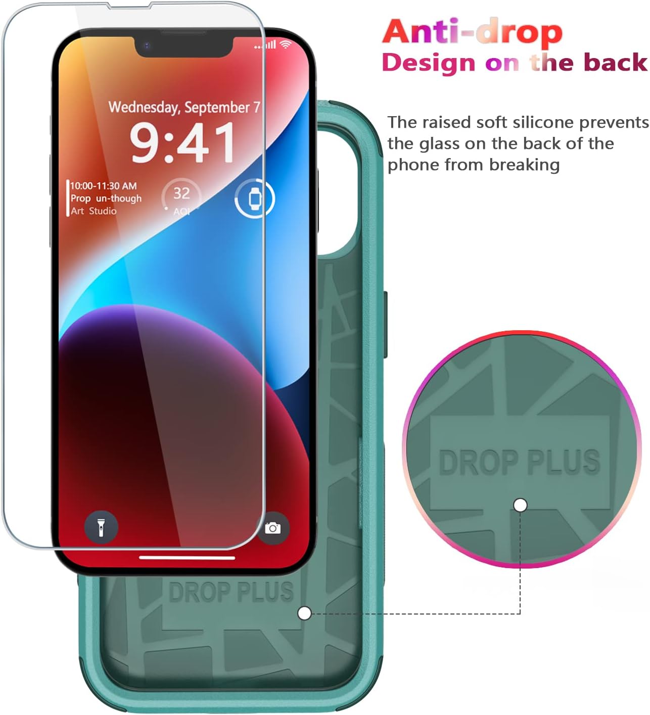  for iPhone 14 Case [Shockproof] [Dropproof] [Tempered Glass Screen + Camera Lens Protector],Heavy Duty Protection Phone Case Cover for Apple iPhone 14 (Teal) thumbnail