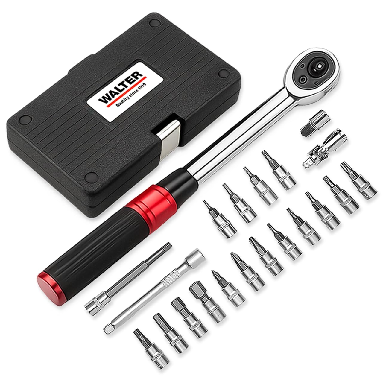 WALTER Fahrrad Drehmomentschlüssel Set 2–24 Nm – 21-tlg. Werkzeugset Ratsche mit Bits, 1/4" Umschaltknarre – sicheres Drehmoment Werkzeug für MTB, E-Bike, Rennrad, Scooter
