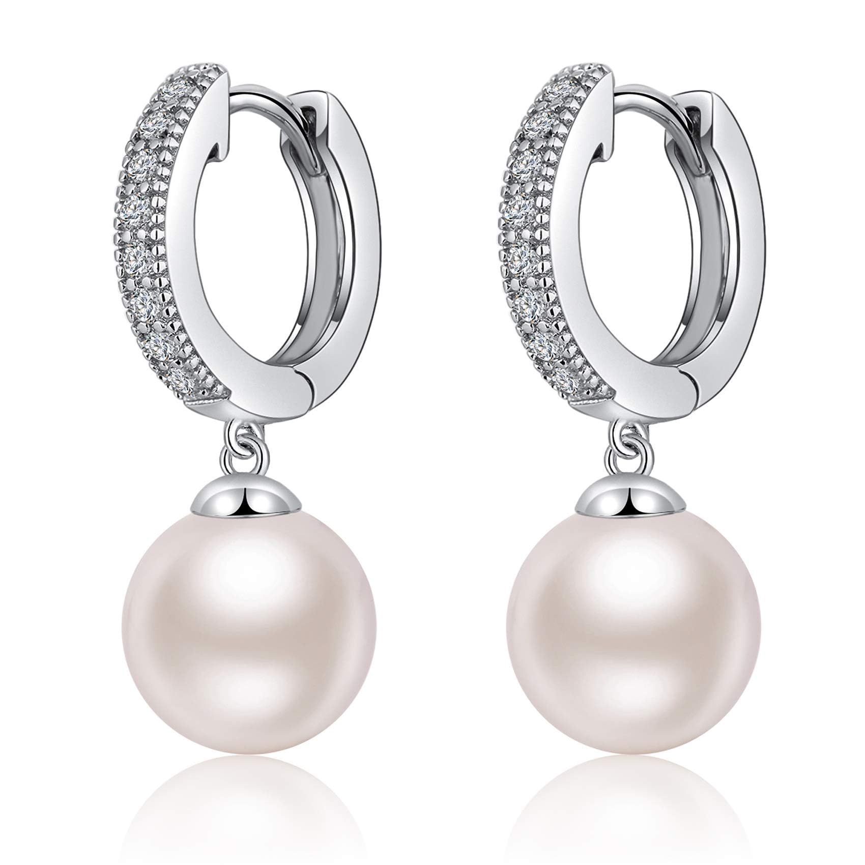 Perlenohrringe 925 Sterling Silber Perlen Creolen Huggie Ohrringe Hängend Perlen mit Zirkonia Diamanten Schmuck Geschenke für Damen Braut Hochzeit 10 mm