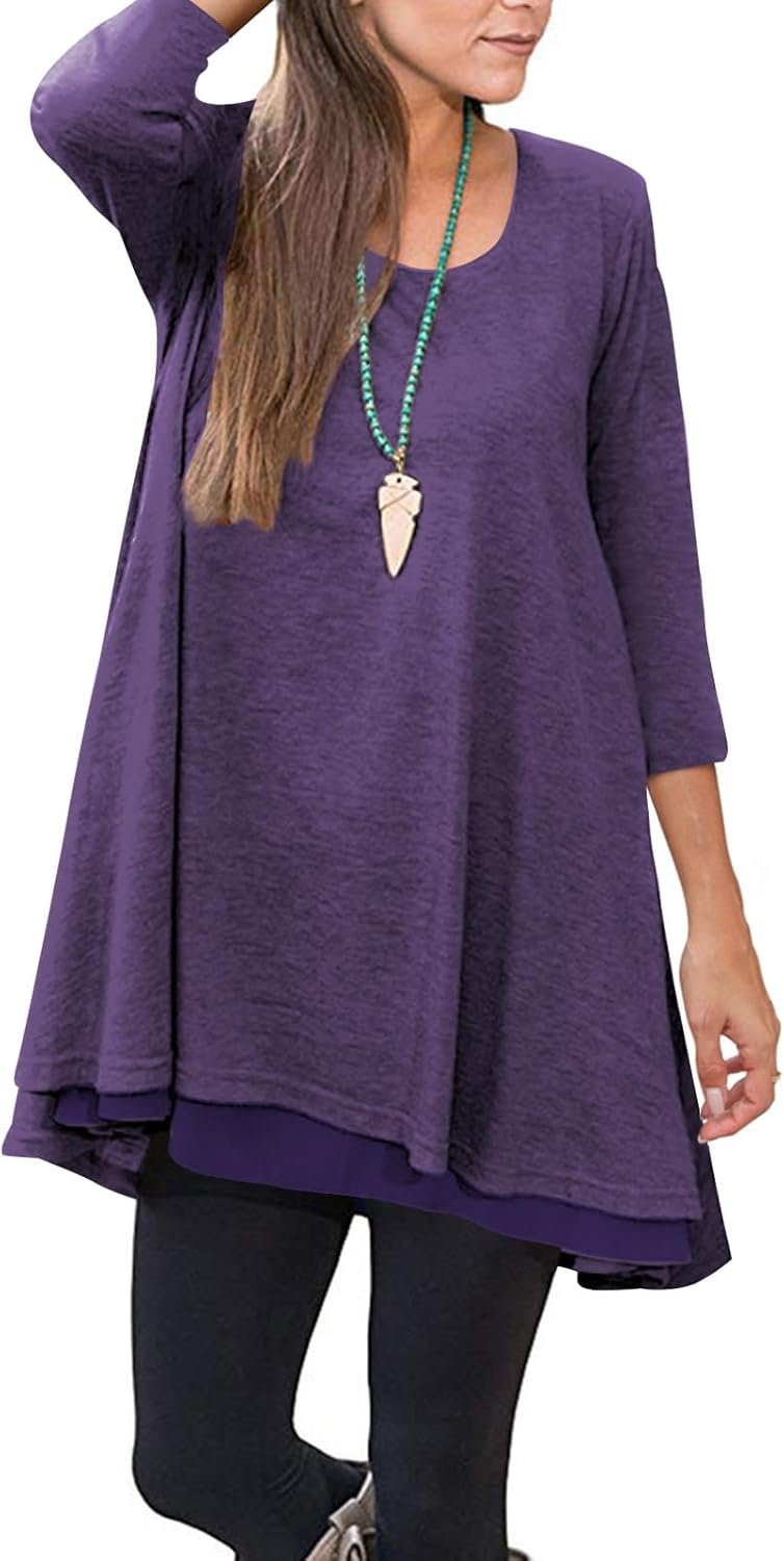 Poetsky Womens 3/4 Sleeve Tunic Tops to Wear with Leggings Layered Chiffon Hem Casual Long Shirts with Pockets