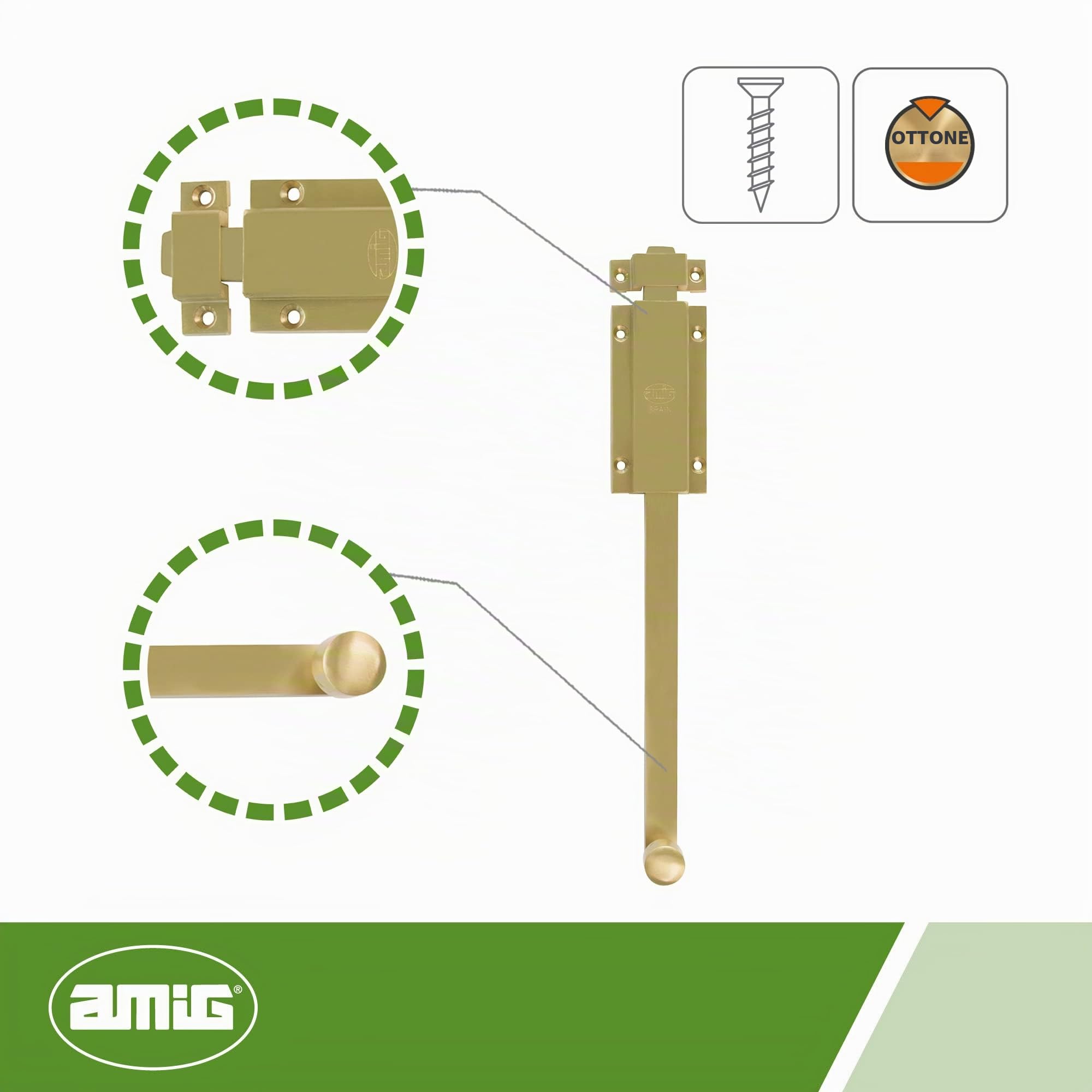 Amig - Chiavistello da sovrapporre per porte Mod.3700 | Chiavistello di sicurezza dorato per collocare orizzontale o verticale | in ottone con finitura opaca | Dimensioni: 500 x 48 mm | Include viti
