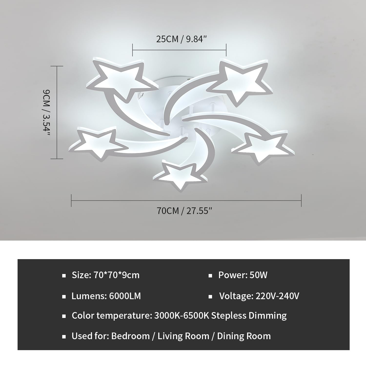 Comely LED Deckenleuchte, 50W 6200LM Moderne Deckenlampe Dimmbar mit Fernbedienung 3000K-6500K, Stern Deckenleuchte Kinderzimmer Lampe Decke für Wohnzimmer Schlafzimmer Küche (Weiß, Dia 65 CM) | Mit Fernbedienung, 3000K-6500K, Moderne Große Deckenleuchte