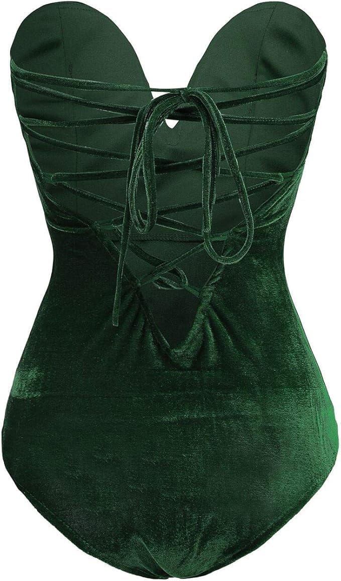 Women Strapless Velvet Bodysuit Back Lace Up Jumpsuit,Sexy Bodysuit Top Playboy Bunny Halloween Costume - Image 2