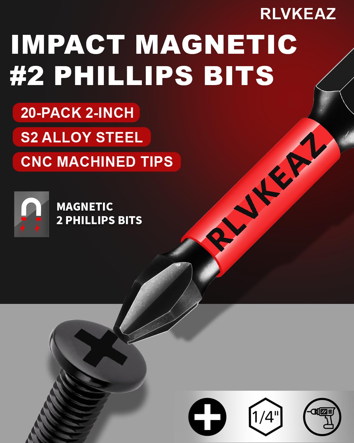 20-PCS Phillips Bits #2 Impact, Magnetic 2'' Phillips Head Drill & Screwdriver Bits Set, Premium S2 Steel, with 1/4" Hex-Shank for Power Drill, Professional & DIY Use