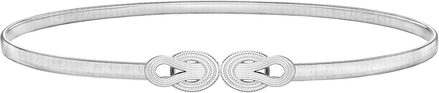 VONMELLI Women's Skinny Metal Cinch Belt for Dress Stretch Thin Waist Belt Gold/Sliver Elastic Belts