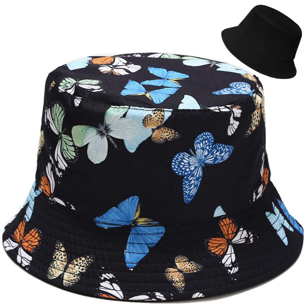 XYIYI Butterfly Reversible Bucket Hat Black Beach Sun Fishing Hats for Women Teen Girls