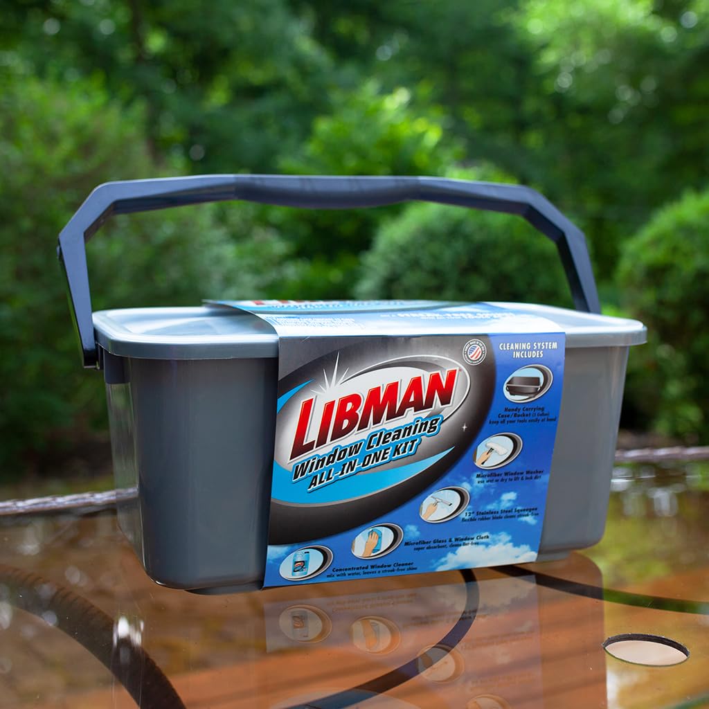 Libman Window Cleaning Kit – All-in-One Window Washing System with Bucket, Stainless Steel Squeegee, Microfiber Washer, Glass Cloth & 24oz Cleaner – Pro Quality – Refillable – Streak-Free