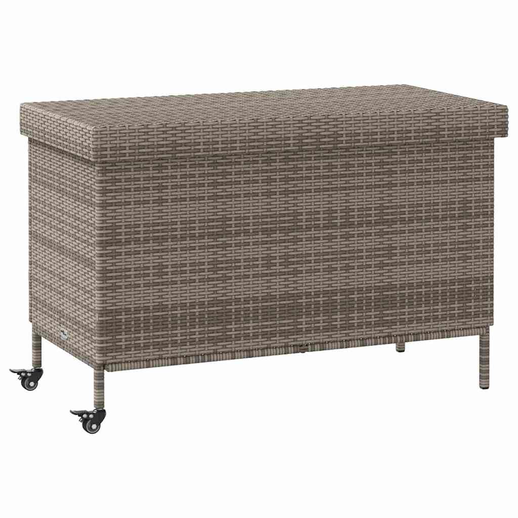 Gartentruhe aus Poly Rattan Grau 110x55x73 cm mit Rollen, wasserabweisender Tasche für Kissen, Auflagen und Outdoor-Zubehör auf Terrasse und Garten