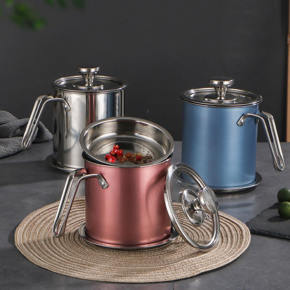 Contenitore per olio con colino e coperchio, 1,9 l, rosa, per conservare olio per friggere, manico facile da impugnare, filtro grasso da cucina