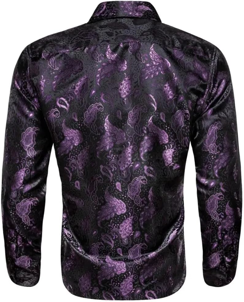 Men Silk Long Sleeve Black Flower Embroidered Slim Fit Male Blouses Casual Breathable Tops