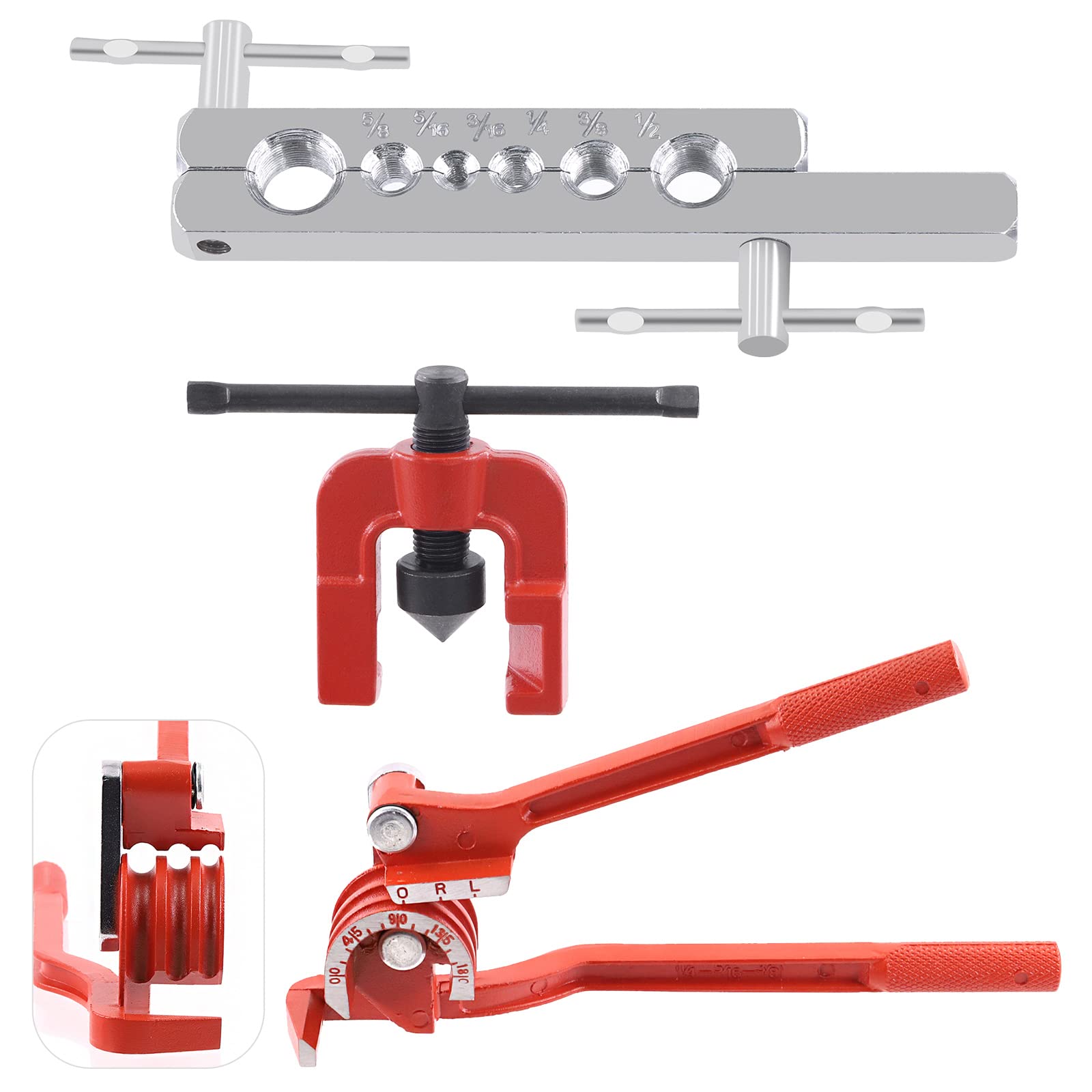 Swpeet Kit de herramientas de avellanado doble para automóvil de 3 piezas y juego surtido de curvador de tubo de 3 en 1 de 180 grados, herramientas de avellanado de línea de 5/8" 5/16" 3/16" 1/4" 3/8
