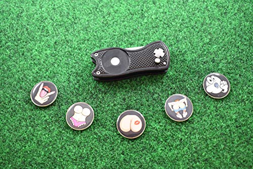 Andoji Golf Divot Repair Tool with 5 Obscene Gesture Ball Markers (Black)