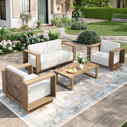 Image of MIXPATIO Patio Furniture Set, 4 Piece Outdoor Wicker Sofa Couch, Deep Seating Yellow Rattan Conversation Sets with 10-inch Thick Cushions, Low Profile Deck Backyard Lawn Furniture
