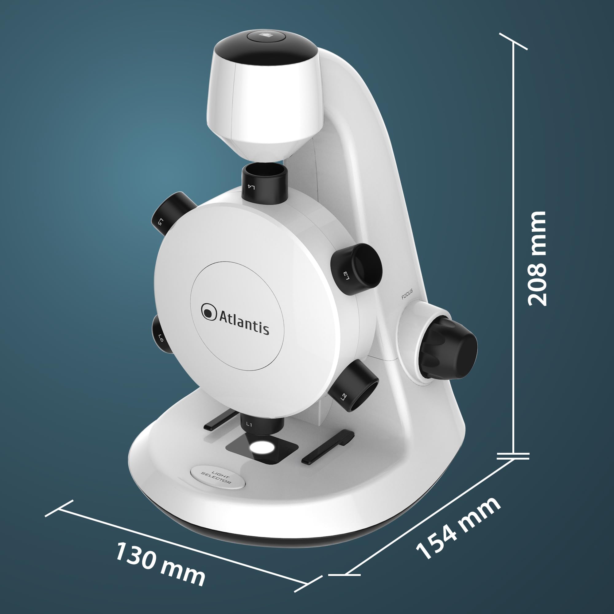 Microscopio Digitale USB Atlantis E45-MS737. Risoluzione UXGA 1600x1200. 6 ottiche di ingrandimento preimpostato da 100x a 600x. Messa a fuoco, Illuminazione superiore ed inferiore. PC, MAC e Android