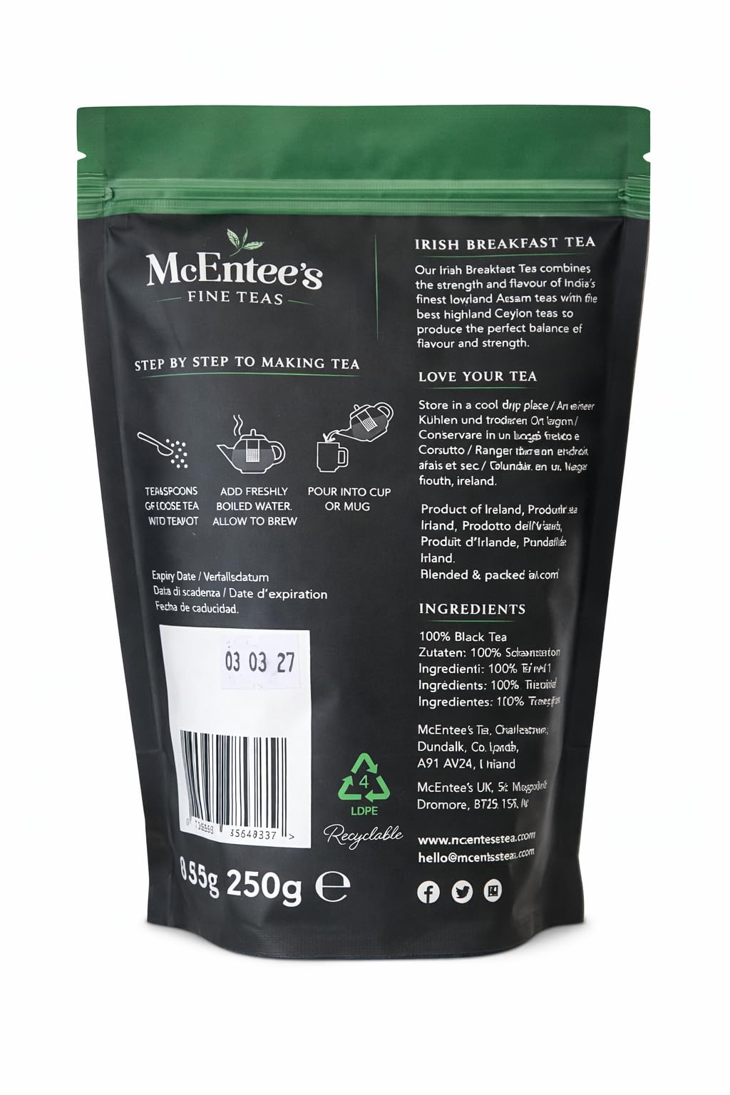 McEntee's Irish Breakfast Thé en vrac (Lot de 2) - Sachet de 250 g - Thé noir - Mélangé en Irlande - Thés de Ceylan et d'Assam
