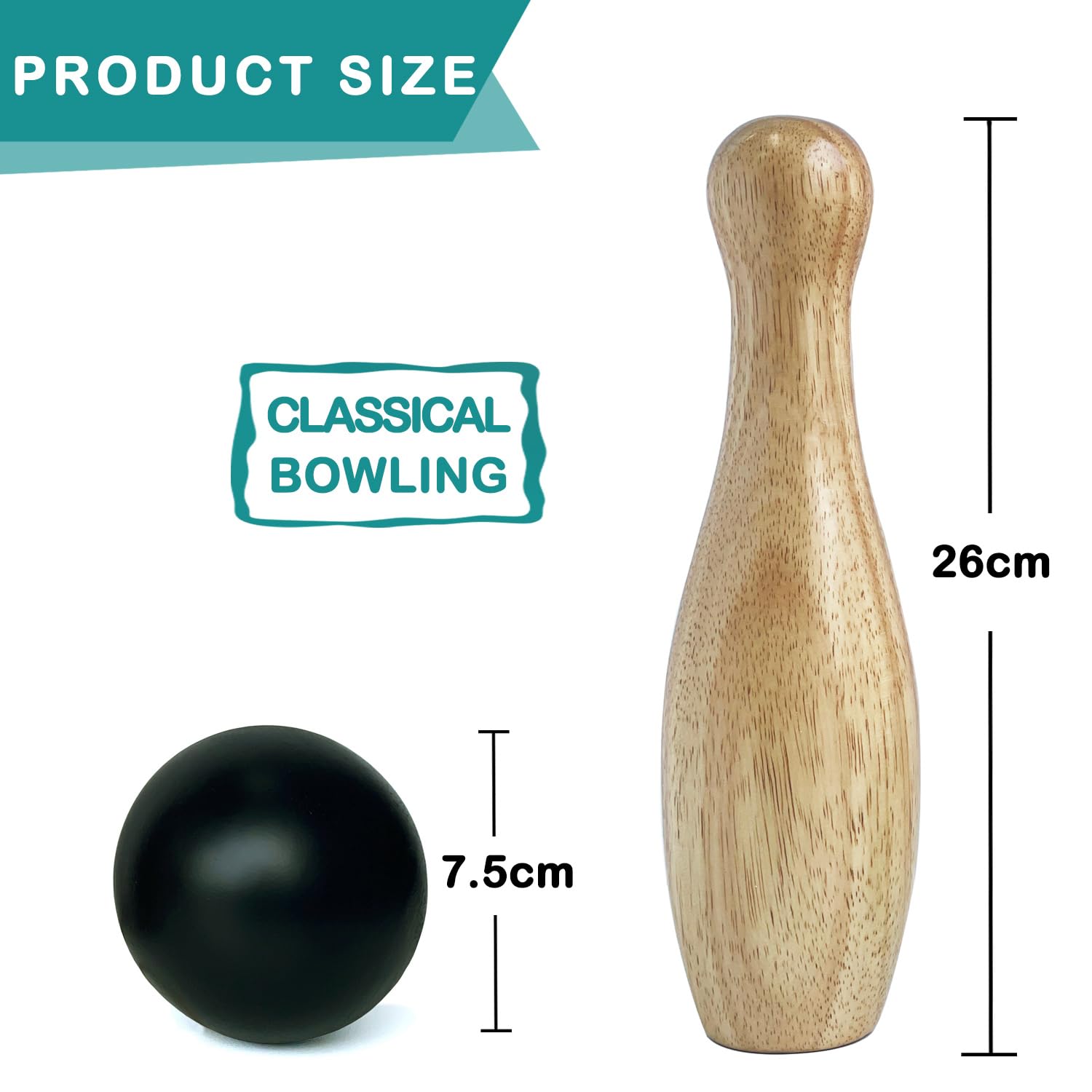 Gioco da bowling in legno, bottiglie da lancio all'aperto, gioco da prato per la famiglia, set da gioco con borsa per il trasporto (H 26 cm, 10 perni+3 palline)