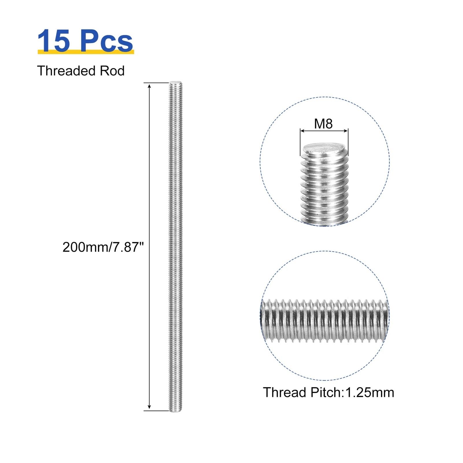 5-15 piezas M4-M8 304 varilla roscada de acero inoxidable mano derecha 60-250 mm(15pcs M5 x 250mm)