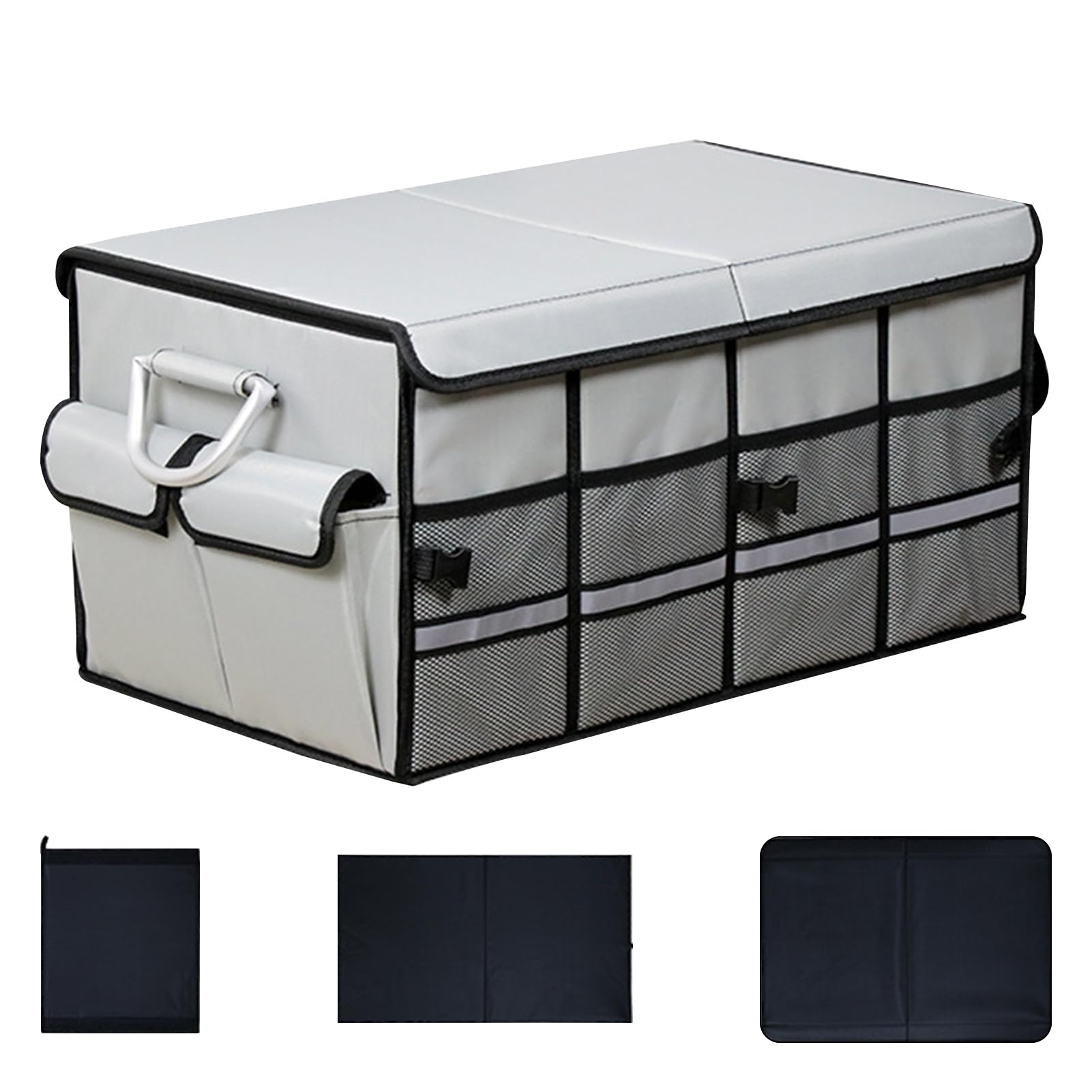 Beauenty 66L Foldable Car Trunk Storage Organizer with Al-alloy Handles, Antislip Bottom, Reflective Strip, Durable Collapsible Cargo Storage Box Car Boot Organiser for SUV, Car, Sedan (66L+White)