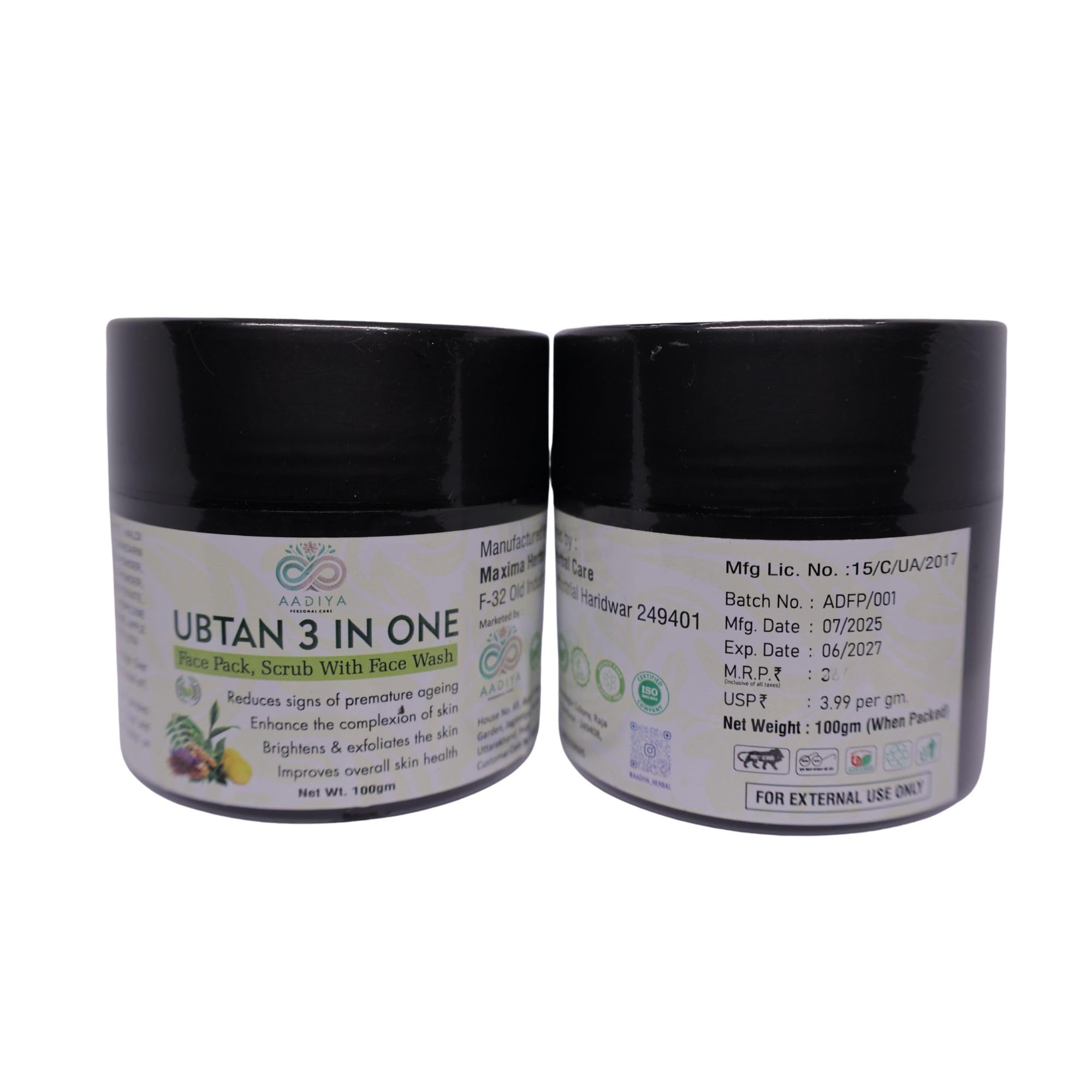 AADIYA PERSONAL CARE Ubtan 3 in 1 Face Pack Scrub and Face Wash 100g Anti-Ageing and Skin Brightening/ubtan for glowing skin/best ubtan for skin whitening/herbal ubtan for tan removal/tan removal ubtan/instant glow ubtan