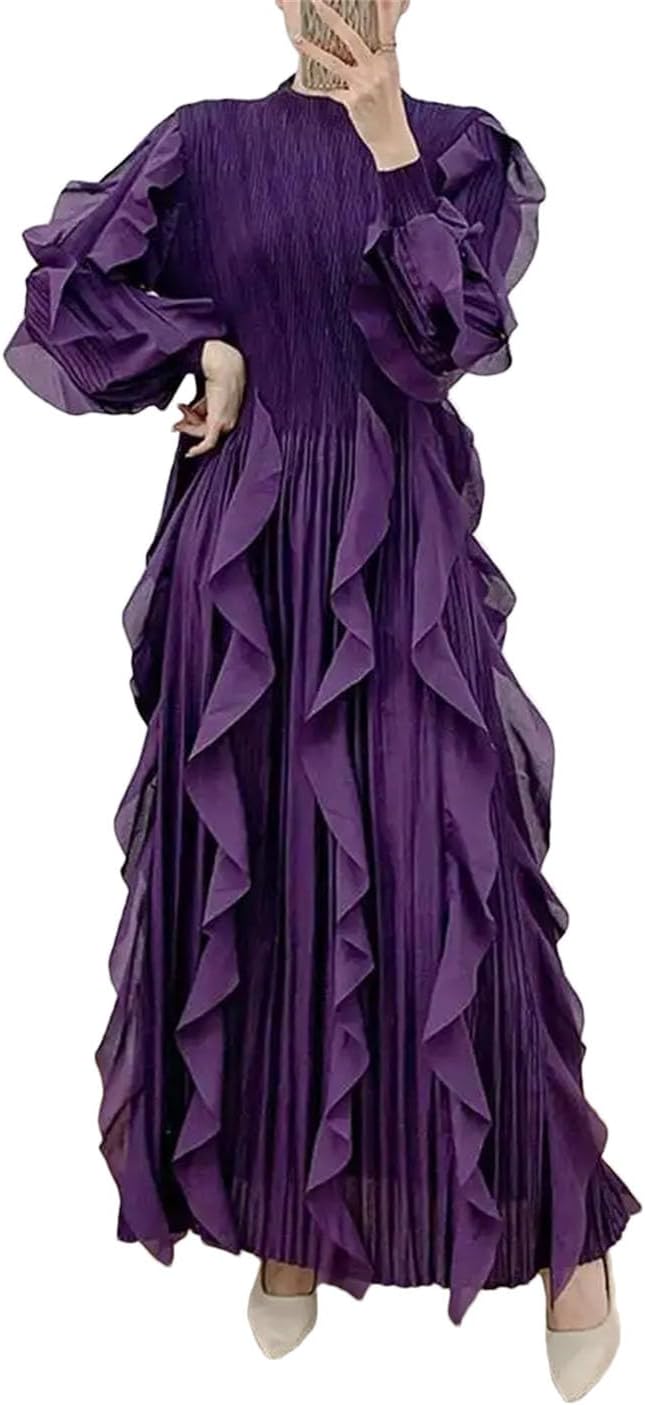 Women Solid Color Pleated Dress Stand Collar Long Sleeves Business A-Line Dresses