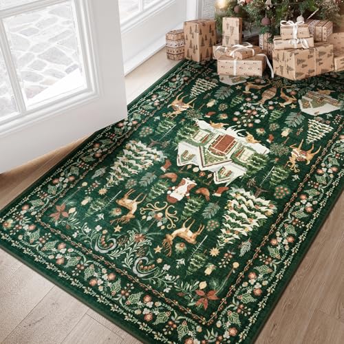 LIVEBOX Washable 3x5 Area Rug, Christmas Green Small Bedroom Rug, Soft Vintage Holiday Rug for Entryway with No-Slip Backing Retro Carpet for Kitchen Laundry Room
