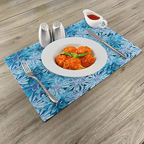 Lunarable Dahlia Flower Place Mats Set Of 4, Grungy Watercolors Winter Frozen Snow Blossoms With Spiky Incurved Petals Image, Washable Fabric Placemats For Dining Room Kitchen Table Decor, Blue #TOP28