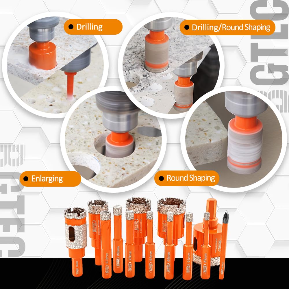 BGTEC Foret Diamanté Scie Cloche Diamantée Kit,13 pièces 5/6/6/6/8/8/10/20/25/28/35mm avec queue hexagonale+6mm Carbure Drill+20mm Milling Finger Bit for Granite Marble Porcelain Tile Ceramic