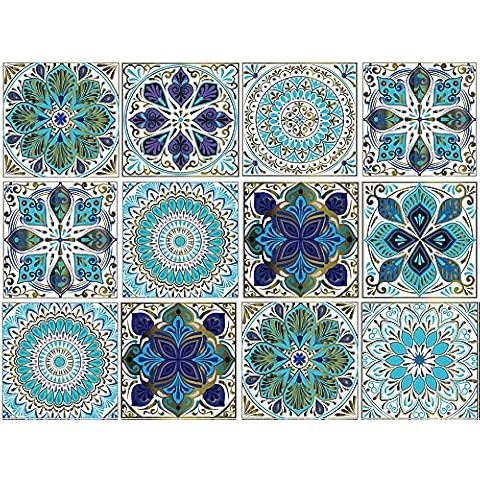 12Pcs (6x6 inch) Tile Stickers, Peel and Stick Self Adhesive Removable Moroccan Talavera Tiles Backsplash Waterproof Kitchen Bathroom Furniture Staircase Home Decor Cover