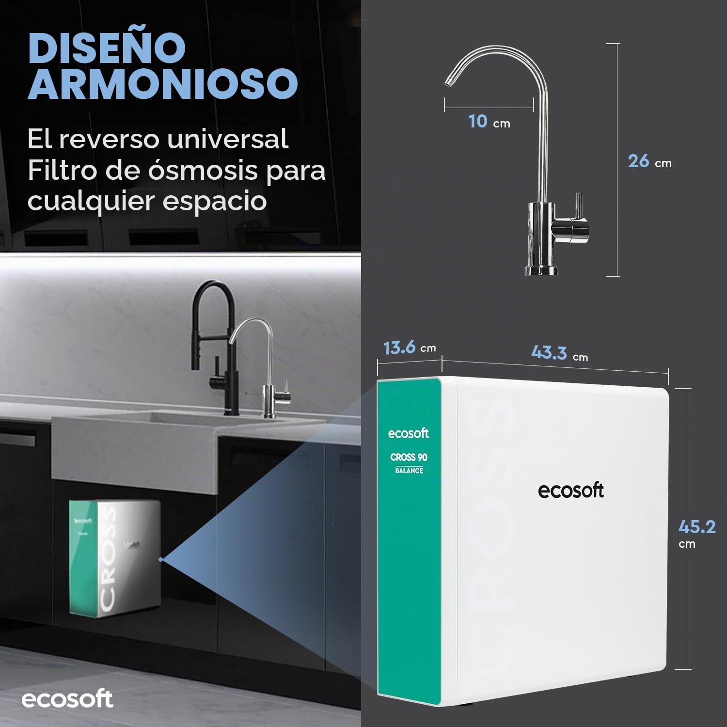 Ecosoft CROSS 90 Balance Filtro de Ósmosis Inversa - Diseño Compacto, 1,5 L/min Alta Tasa de Flujo, Pantalla Inteligente, Tasa de Recuperación del 60%, Componentes Certificados NSF/ANSI 58