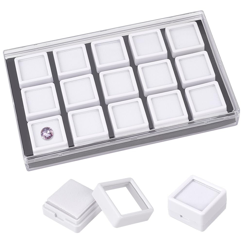 BENECREAT 15 Pack Gemstone Display Box White Diamond Display Case Jewelry Box Container with Clear Glass Window for Treat, Gems, Diamond, Gift Packing, 2.9x1.75cm