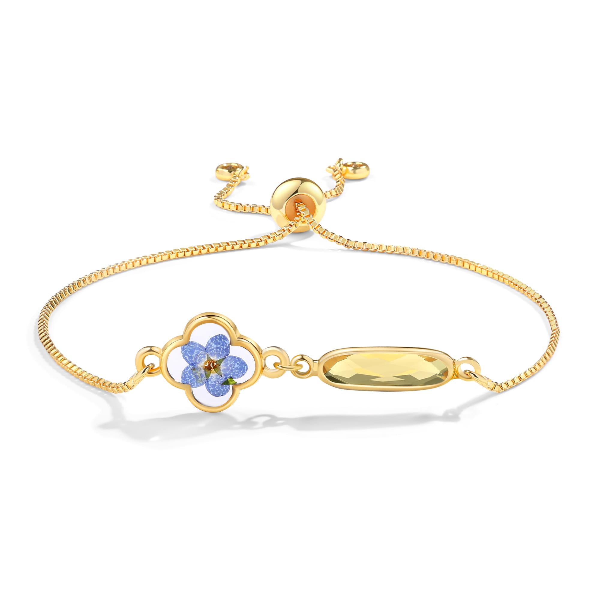 MOLUONAQIHandmade Pressed Forget-Me-Not Flower Birthstone Bracelet - Real Flower Resin Jewelry - Adjustable Gold Clover Charm Bracelet for Women - Personalized Gift