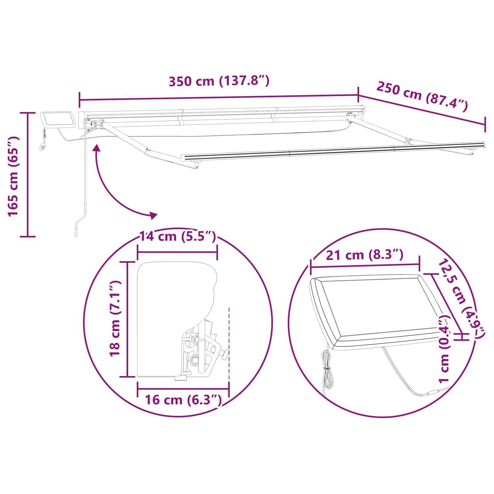 Ręczna rama markizy z diodami LED 3,5 x 2,5 m, odporna na warunki atmosferyczne tkanina poliestrowa, malowana proszkowo rama aluminiowa, ramię przegubowe, korba, zadaszenie tarasu do ogrodu