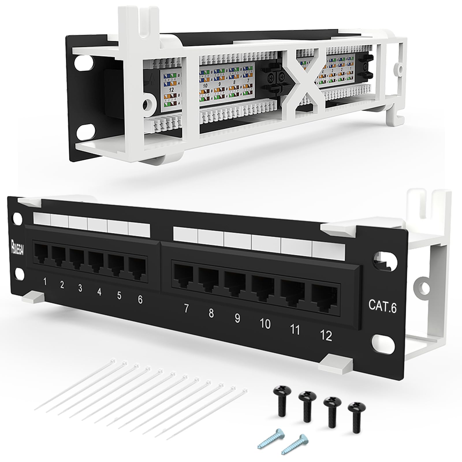 Panel de conexión de 12 puertos Cat6 sin blindaje, soporte de pared 89D, instalación vertical u horizontal, compatible con cableado RJ45 Cat5e y Cat6 (panel de conexión CAT6)