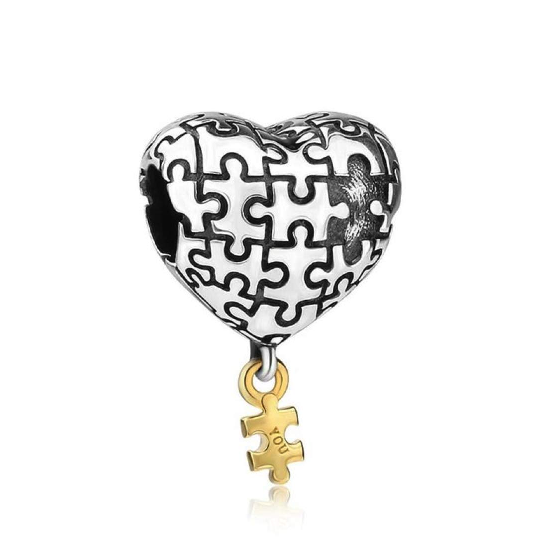 BolenviMissing Puzzle Piece Heart Valentines Day 925 Sterling Silver Charm Bead Pendant for Pandora & Similar Charm Bracelets or Necklaces