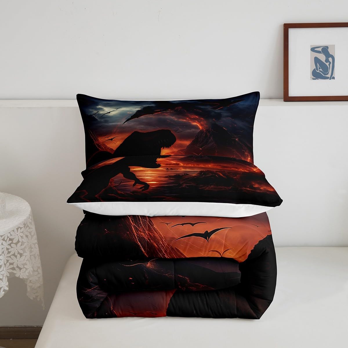 Erosebridal Dinosaor Comforter Set 3D Realistic Dinosaur Pattern Queen Bed Comforter Set for Boys Teens Kids Tropical Wildlife Bedding Volcano Eruption Duvet Insert 3 Piece
