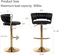 Vista 3 de Gold Velvet Bar Stools Set of 4, Counter Height Barstools with Low Back, Swivel Bar Stool for Kitchen Island, Pub (Black)
