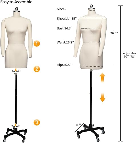 Miniatura 2 de Bonnlo Maniquí de costura femenino, talla 6, forma de vestido profesional para exhibición y diseño a medida, torso ajustable en altura con base de