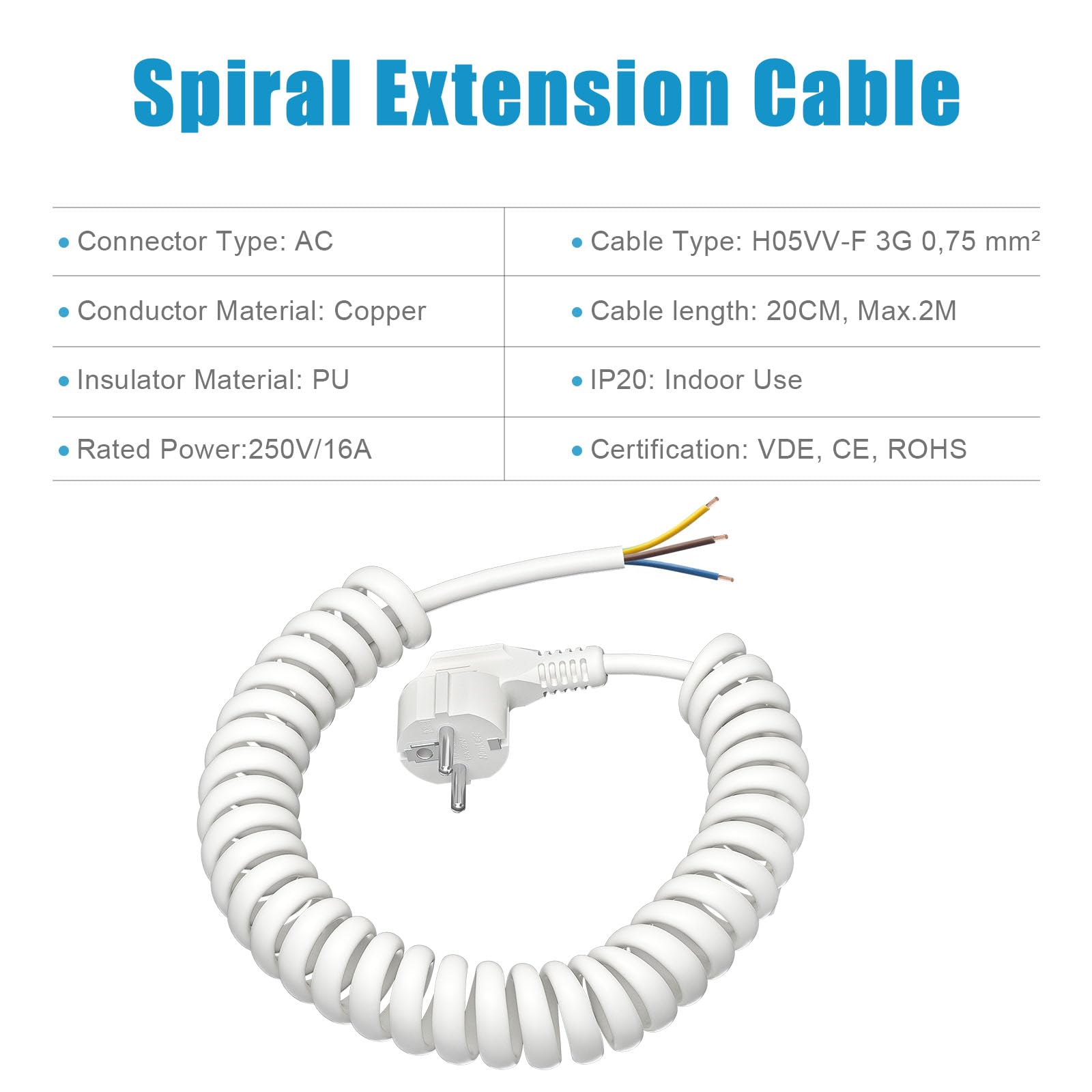 Kabel spiralny 2 m, 0,2 m na 2 m, rozciągliwy, z wtyczką z zestykiem ochronnym, przedłużacz, kabel zasilający Schuko, 230 V/16 A, IP20 do wnętrz, biały
