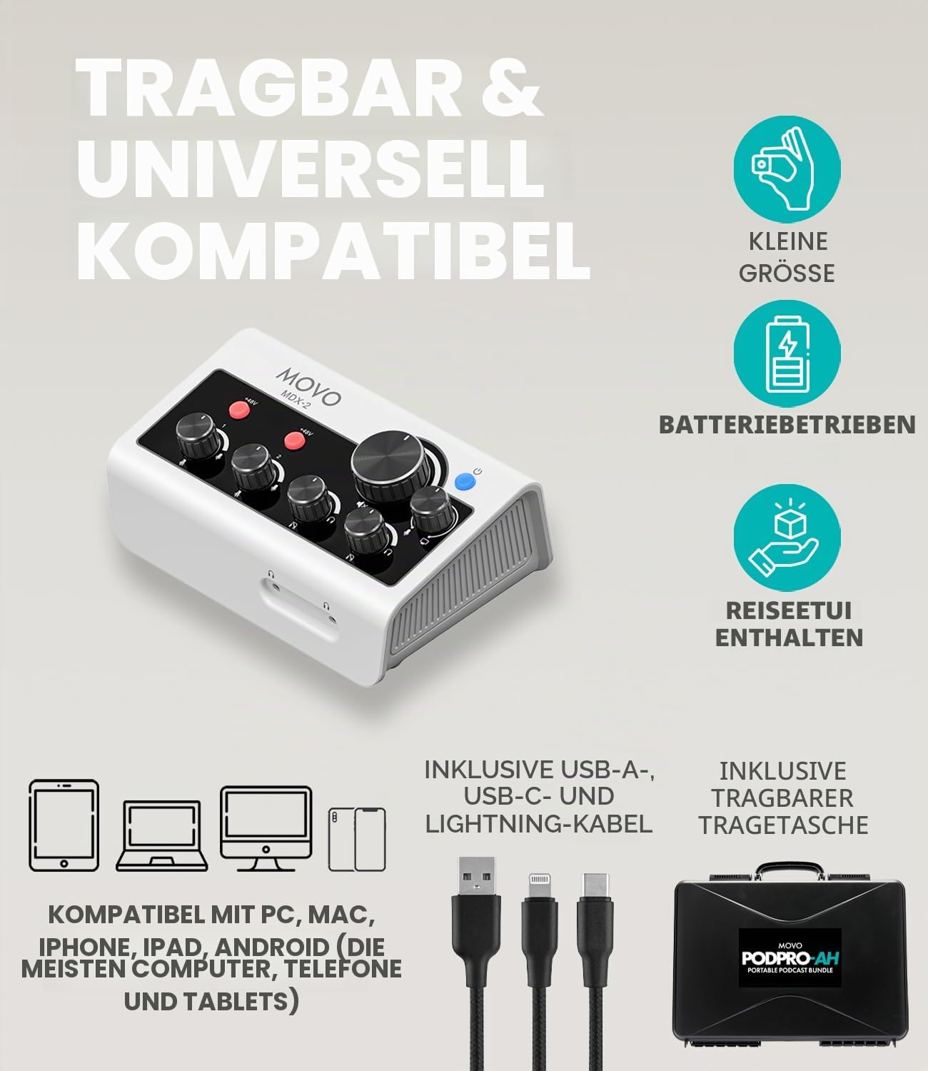 Movo Tragbares Podcast-Ausrüstungspaket für iPhone/Android-Telefone, Podcast-Kit mit Audio-Schnittstelle, 2 CastMic dynamische Mikrofone, 2 Kopfhörer, 2 Galgenarme – für Smartphones, Computer, PC und