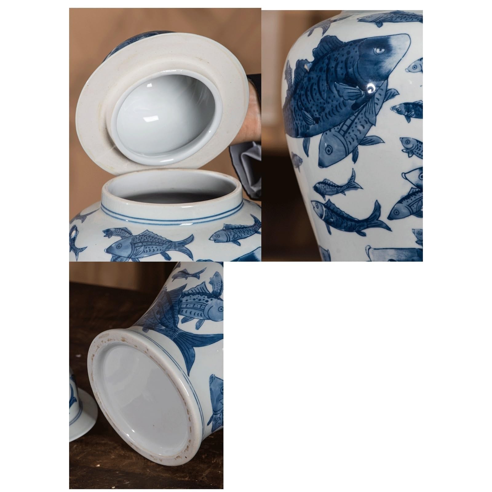 EYPKPL Tempelglas Jingdezhen-Keramikvase Blaues und weißes Porzellan-Fisch-Ingwer-Glas mit Deckel Chinesisches handbemaltes orientalisches dekoratives Glas(16.5x42.5cm)