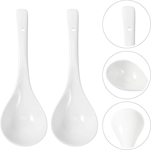 Miniatura 9 de 2 cucharones de sopa de cerámica grandes, cucharas de servir de porcelana profunda para uso en cocina, 10.43 pulgadas, color blanco