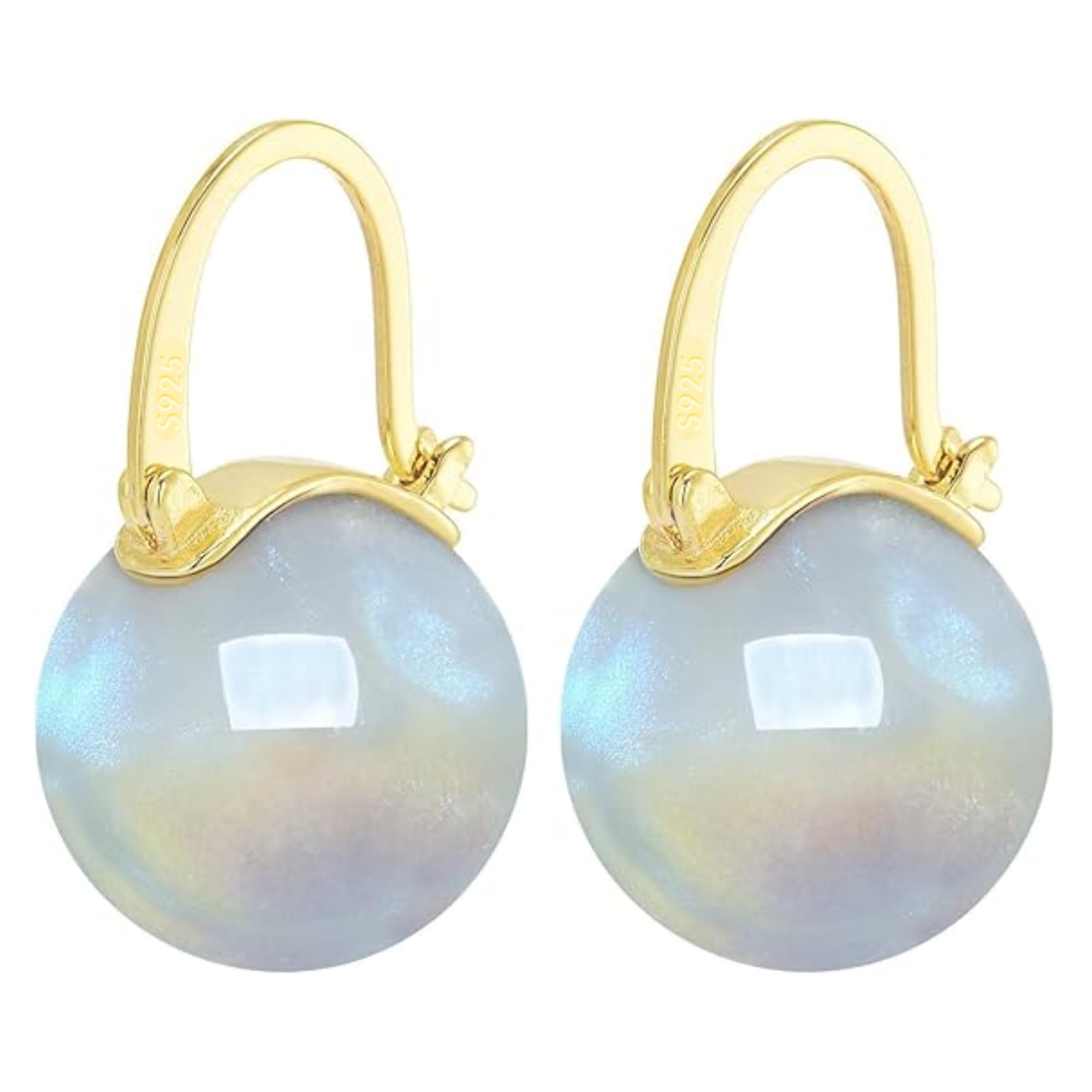 HUGE TOMATO 925 Sterling Silver Simulated Shell Pearl Earrings for Women Trendy, Big Pearl Drop Earrings Leverback Stud,14K Gold Plated Large Pearl Hoop Dangle Hypoallergenic Jewelry 14mm