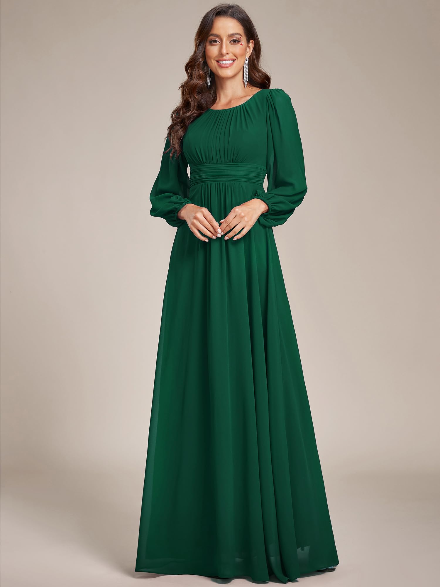 Ever-Pretty Vestito da Sera Donna Lungo Cintura Rotondo Manica Lunga Elegante Abiti da Cerimonia ES0106B Verde Scuro 44