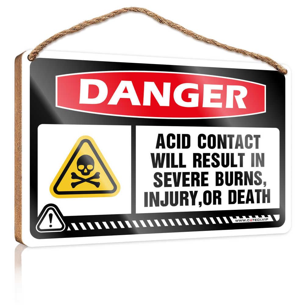 HMQW Hanging Wooden Plaque Danger Acid Contact Will Result In Severe Burns, Injury, Or Death Wooden Sign Decore For Room Funny Bathroom Wall Decor Sign Woo(15X28CM)