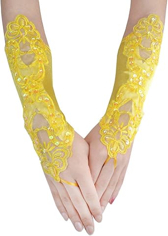 Amazon.com: Guante de fiesta de graduación con lentejuelas para mujer,  guantes de encaje largos sin dedos, satén formal, banquete, fiesta, boda,  guantes, talla única , Amarillo : Ropa, Zapatos y Joyería