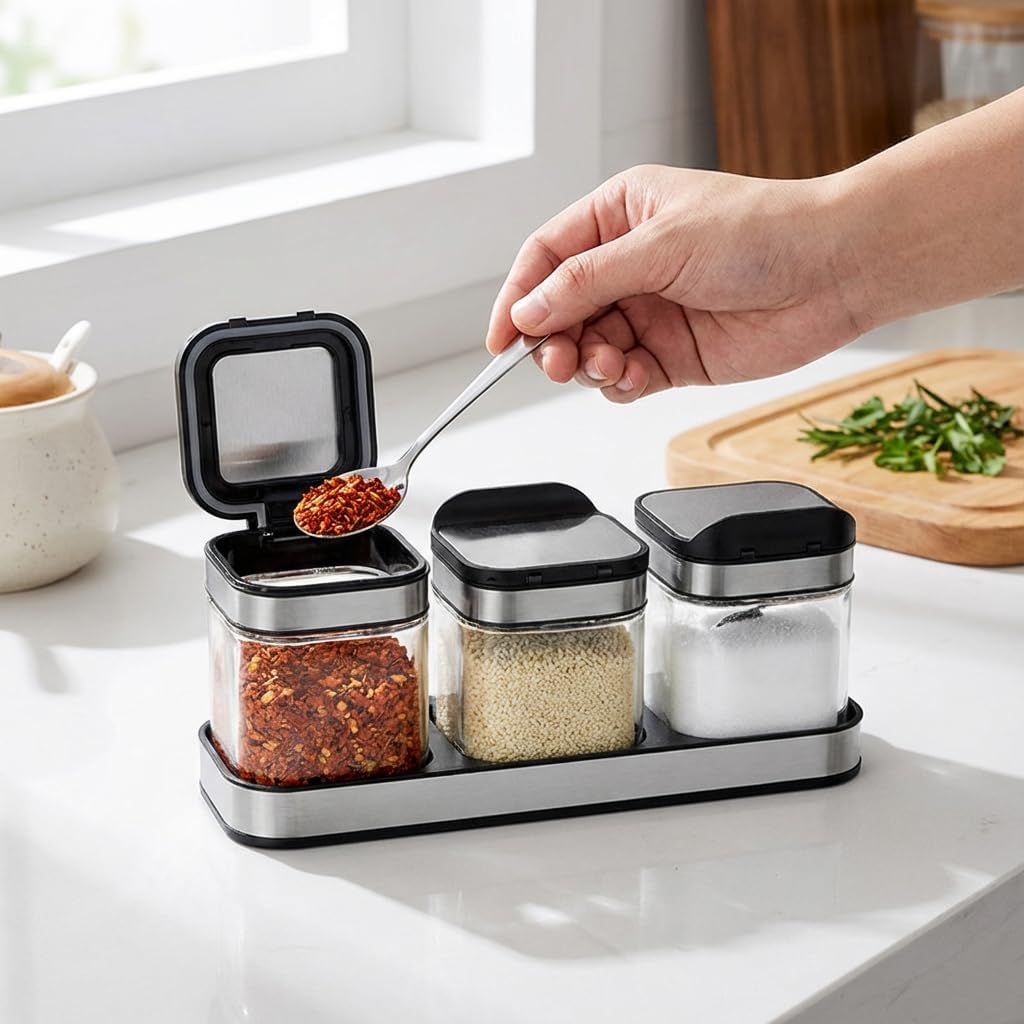 Condiment Jar Spice Container with 304 Stainless Steel Lids and Spoons,Clear Glass Condiment Canisters Pots Seasoning Box Salt Container Sugar Bowl Set of 3 for Kitchen, Counter, Food Storage