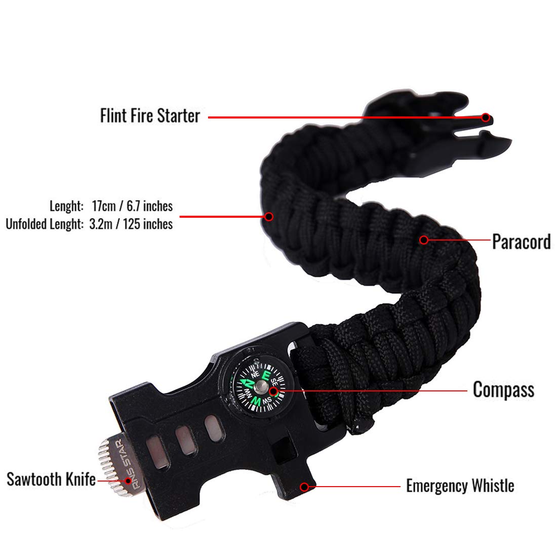 RNS STAR 5in1 Tactical Bracelet. Survival Bracelet with Paracord Rope
