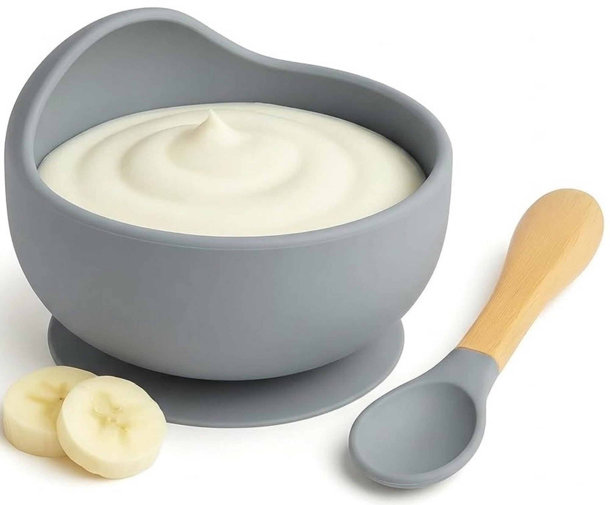 Coofandy Baby Kids Feeding Silicone Bowl & Wooden Handle Spoon for Babies and Toddler, Large Suction Cup Base, Food Grade BPA-Free,Microwave & Dishwasher Safe, Perfect for Baby Led Weaning, Grey-image-12
